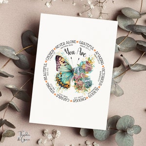 Kaart You Are Strong, schriftkaart, empowerment van vrouwen, bemoedigende cadeaus voor haar, affirmatieprint, bijbelversprint, vlinderbloemige kunst
