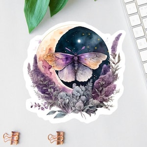 Boho Butterfly Sticker, Floral Moon Decal, Floral Butterfly Laptop Decal, Water Bottle Decal, Moon And Stars Sticker, Car Decal, Mini Labels