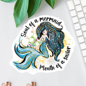 Pegatina "Alma de Sirena, Boca de Marinero", divertida, regalo para mamá, regalo para mejor amiga, pegatina para portátil, regalo sarcástico, para amantes de las sirenas.