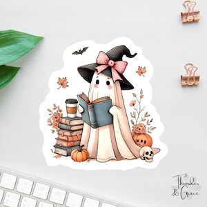 Bookish Sticker, Ghost Reading Books, Halloween Ghost Sticker, Book Lover Decal, Laptop Decal, Gifts For Readers, Funny Kindle Sticker