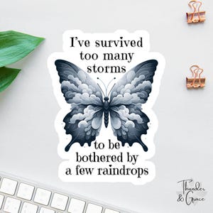 Ich habe zu viele Stürme überlebt Aufkleber, Angst Aufkleber, Affirmation Aufkleber, Geschenk für den besten Freund, Chaos Koordinator, Kindle Aufkleber, Schmetterling