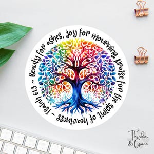 Adesivo Beauty For Ashes, Isaías 61 3, Adesivos de Afirmação, Adesivo para Laptop, Árvore da Vida Arco-Íris, Pacote de Adesivos Bíblicos, Decalques de Diário Bíblico