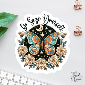 Adesivo "Vá se Sálvia", presente de beleza boho, adesivo engraçado para escritório, presente engraçado para mãe, sálvia insuficiente para isso, estrelas e lua, borboleta boho