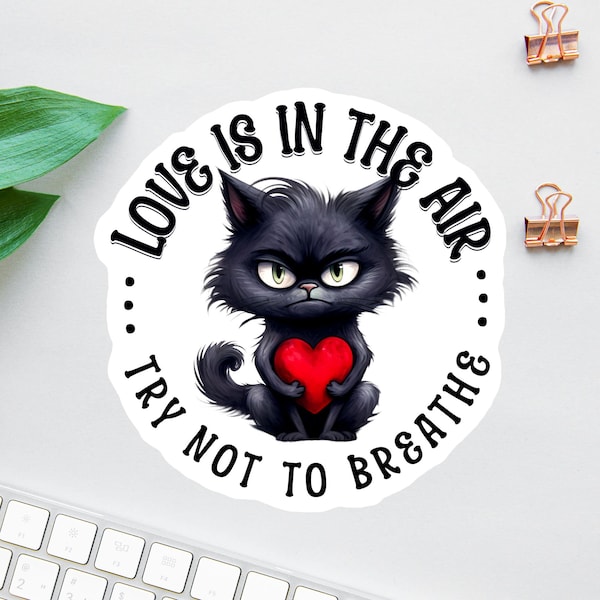 Love Is In The Air Sticker, Funny Anti-Valentine's Sticker, Ew Valentine's Sticker, Laptop Sticker, Water Bottle Decal, Black Cat Sticker