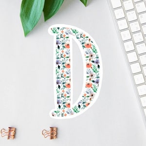 Adesivo floral com letra "D", monograma floral, presente para melhor amigo, adesivo de alfabeto, adesivo com nome, presentes personalizados, rótulo para garrafa de água