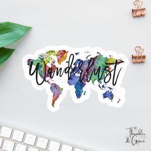 Wanderlust Sticker, Travel Decal, World Map Decal, Luggage Sticker, Suitcase Decal, Traveler Gift, Water Bottle Decal, Explorer Decal