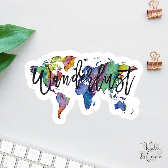 Wanderlust Sticker, Travel Decal, World Map Decal, Luggage Sticker, Suitcase Decal, Traveler Gift, Water Bottle Decal, Explorer Decal