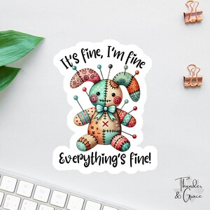 Sticker Je vais bien, tout va bien, lapin de Pâques rigolo, sticker rigolo pour ordinateur portable, aimant collègue, sticker fête des patrons, sticker anxiété, vaudou