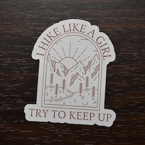 I Hike Like A Girl Try To Keep Up Stickers And Magnets | Boho Hiking Decal | Funny Hiking Decal | Gifts For Hikers | Retro Sunset Forest