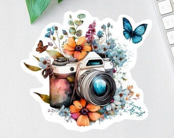 Photography Sticker, Floral Camera Sticker, Clear Laptop Sticker, Water Bottle Label, Floral Sticker Pack, Camera Decal, Car Decal,