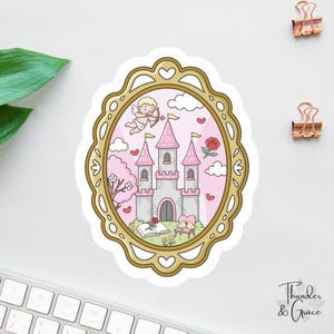 May include: A sticker featuring a fairytale castle with pink turrets, a golden frame, and a cupid with a bow and arrow. The design includes hearts, roses, and the text "Thunder & Grace".