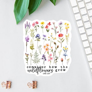 Adesivo "Considera come crescono i fiori selvatici", adesivi con affermazioni, adesivo per laptop, etichetta per bottiglia d'acqua, pacchetto di adesivi della Bibbia, adesivo per diario biblico