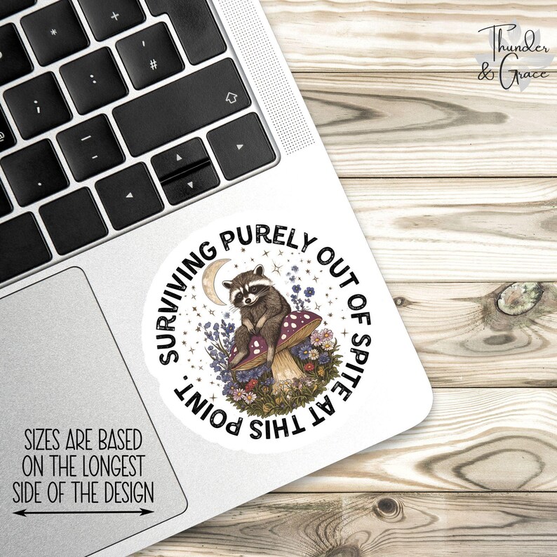 Surviving Purely Out Of Spite Sticker, Vintage Raccoon, Woodland Animal Sticker, Funny Laptop Decal, Coworker Magnet, Trash Panda Sticker image 2