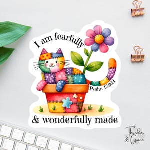 Fearally and Wonderfully Made Aufkleber, Affirmation Aufkleber, Laptop Aufkleber, Wasserflaschenetikett, Bibel-Vers-Aufkleber, Quilter-Aufkleber, Katze