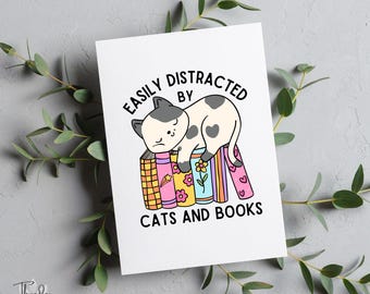 Easily Distracted By Cats And Books Card, Mothers Day Card, Funny Cat Card, Cat Mom, Cute Cat Greeting Card, Book Lover Card, Retro Books