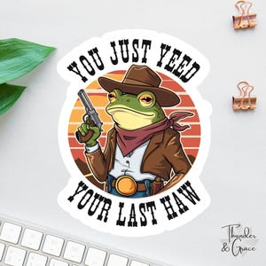 Adesivo o magnete "Hai appena vomitato il tuo ultimo haw", adesivo divertente con rana da cowboy, adesivo divertente per laptop, magnete per colleghi, rana western al tramonto retrò