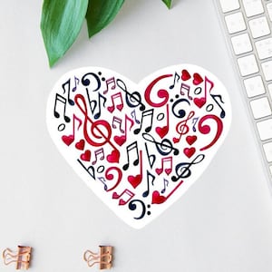 Hart muzieksticker, sticker muziekliefhebber, sticker waterfles, duidelijk label, muzieksticker, Valentijnsdagsticker, sticker muzieknoten
