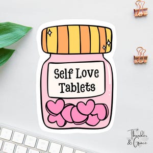 Adesivos de comprimidos de amor próprio, adesivos de afirmação, adesivos de ansiedade, adesivos para laptop, viciado em Kindle, suporte emocional, decalque de diário de lixo bíblico
