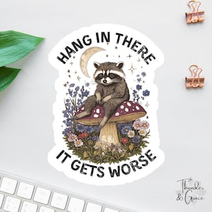 Hang In There It Gets Worse Sticker, Vintage Waschbär, Waldtier Aufkleber, Lustiger Laptop Aufkleber, Kollegen Magnet, Trash Panda Aufkleber