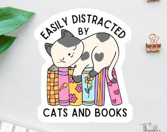Bücherwurm-Aufkleber, Aufkleber „Leicht von Katzen und Büchern ablenkbar“, Retro-Katzenliebhaber-Aufkleber, Geschenk für Katzenmütter, Kindle-Süchtiger-Aufkleber, Booktok