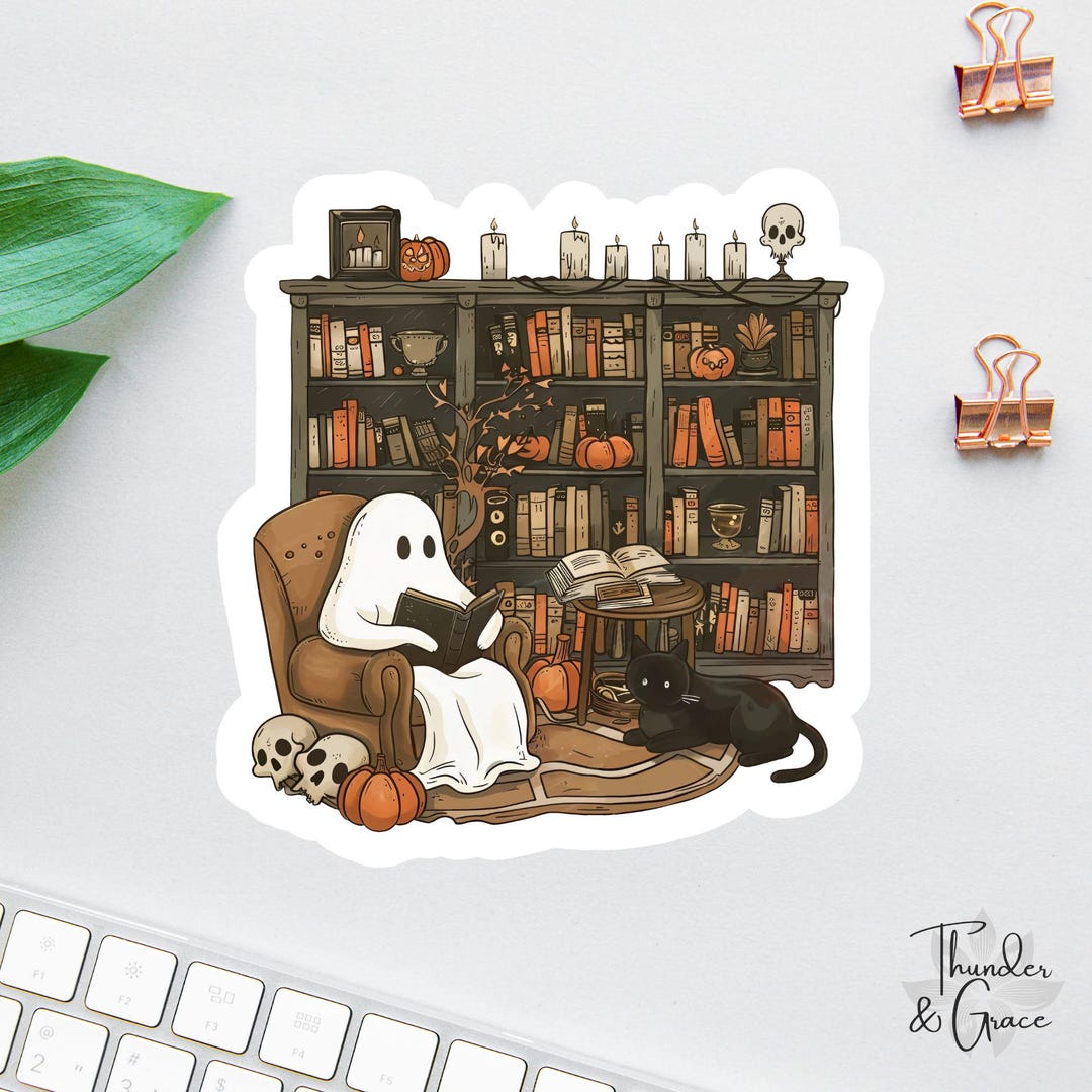 Spooky Halloween Ghost Reading Library Sticker or Magnet, Haunted ...