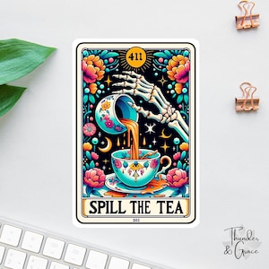 Spill The Tea Stickers, Funny Tarot Card Decals, Funny Mom Gift, Best Friend Gift, Water Bottle Decal, Teacher Magnet, Sarcastic Sticker
