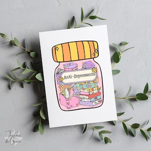Cartão de frasco de comprimidos de livro engraçado sobre antidepressivos, cartão de Dia das Mães, cartão de livro engraçado, mãe leitora, humor sobre saúde mental, cartão de felicitações fofo com livro