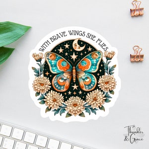Con valientes alas vuela, calcomanía de mariposa con motivos florales bohemios, derechos de la mujer, calcomanía de mariposa para computadora portátil, calcomanía de guerrera contra el cáncer, imanes feministas