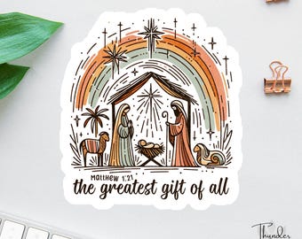 The Greatest Gift Of All Sticker or Magnet, Nativity Scene Boho Rainbow Decal