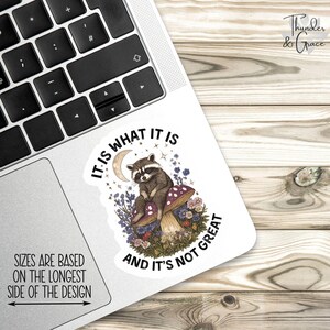 It Is What It Is And It's Not Great Sticker, Vintage Raccoon, Woodland Animal Sticker, Funny Laptop Decal, Coworker Magnet, Trash Panda image 2