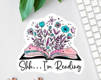 Pegatina "Shhh... Estoy leyendo", pegatina literaria, calcomanía para amantes de los libros, calcomanía para laptop, calcomanía floral para libros, regalos para lectores, calcomanía para botella de agua