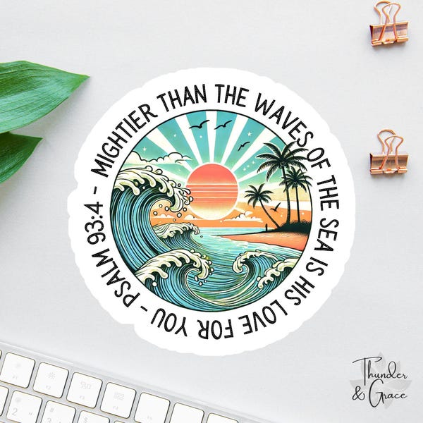 „Mächtiger als die Wellen“-Aufkleber oder -Magnet, Affirmationsaufkleber, christlicher Aufkleber, Psalm 93,4, Bibelvers, Bibelstudium, Retro-Sonnenuntergangsstrand