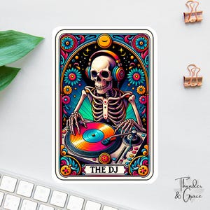 Adesivos de cartas de tarô DJ, decalque engraçado de cartas de tarô, amante da música, presente para melhor amigo, disc jockey, adesivos para tablets, amante de discos de vinil