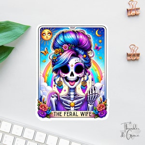 Pegatina de Esposa Salvaje, Calcomanías Divertidas de Cartas del Tarot, La Audacia, Regalo Divertido para Mamá, Regalo para Mejor Amiga, Calcomanía de Calavera de Azúcar, Pegatina de Mamá Sarcástica