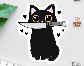 Funny Cat With Knife Sticker, Halloween Cat, Black Cat, Ew Valentines Day, Water Bottle Decal, Mom Gift, Cute But Feral, I'm Fine, Cat Mom