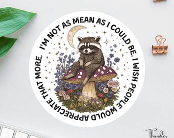 Puede incluir: Adhesivo redondo con un mapache sentado en una seta, rodeado de flores y estrellas. El texto dice: "I'M NOT AS MEAN AS I COULD BE. I WISH PEOPLE WOULD APPRECIATE THAT MORE."