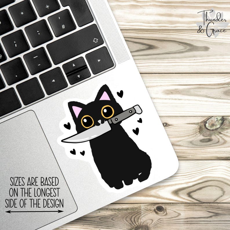 Funny Cat With Knife Sticker, Halloween Cat, Black Cat, Ew Valentines Day, Water Bottle Decal, Mom Gift, Cute But Feral, I'm Fine, Cat Mom image 2