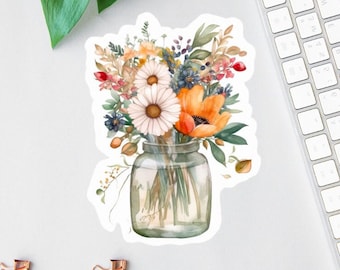 Pegatina de flor para tarro de cristal, etiqueta de acuarela, pegatina transparente para portátil, imán floral, calcomanía para botella de agua, minietiqueta, troquelada, calcomanía para coche