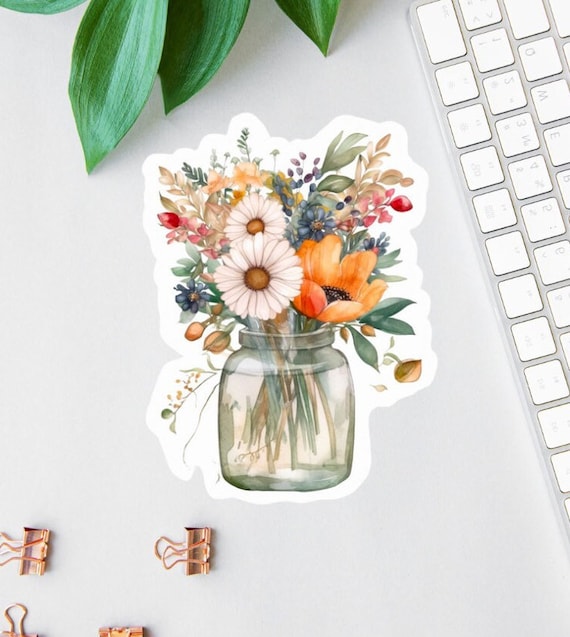 Flower Mason Jar Sticker, Watercolor Flower Label, Clear Laptop Sticker, Floral Magnet, Water Bottle Decal, Mini Label, Die Cut, Car Decal