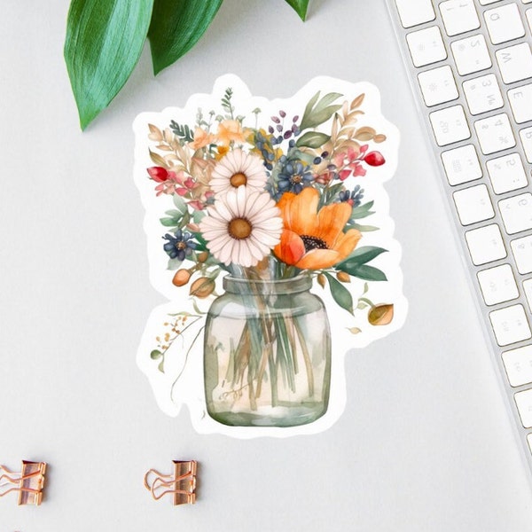 Flower Mason Jar Sticker, Watercolor Flower Label, Clear Laptop Sticker, Floral Magnet, Water Bottle Decal, Mini Label, Die Cut, Car Decal