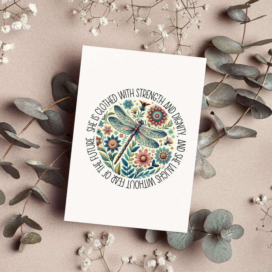 She is Clothed With Strength Greeting Card or Print: Boho Dragonfly ...