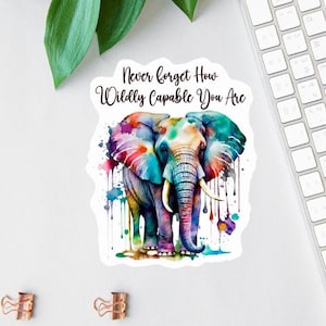 Never Forget How Wildly Capable You Are Sticker, Watercolor Elephant Sticker, Elephant Lover Decal, Rainbow Elephant Decal, Inspirational