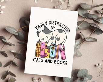 Easily Distracted By Cats And Books Card, Mothers Day Card, Funny Cat Card, Cat Mom, Cute Cat Greeting Card, Book Lover Card, Retro Books