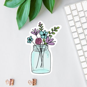 Flower Mason Jar Sticker, Watercolor Flower Label, Clear Laptop Sticker, Floral Magnet, Water Bottle Decal, Mini Label, Die Cut, Car Decal