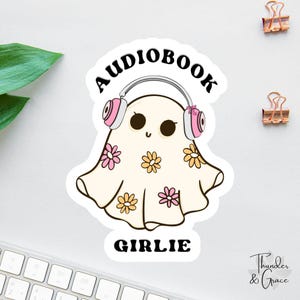 Audiobook Girlie Sticker, Cute Ghost Reading, Audiobooks Count, Book Lover Decal, Gift For Readers, Kindle Addict Sticker, One More Chapter