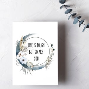 A vida é difícil, mas você também é Imprimir | Cartão floral Blue Boho Moon | Presentes para ela | Citação inspiradora sobre a vida