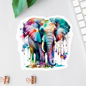 Pegatina de elefante de acuarela, calcomanía para amantes de los elefantes, calcomanía de elefante arcoíris, calcomanía para auto, calcomanía para laptop, calcomanía para botella de agua, calcomanía para amantes de los animales