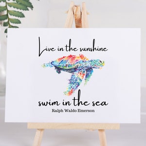 Leef in de zon-wenskaart | Ralph Waldo Emerson citaat print | Literair citaat | Regenboogzeeschildpad | Cadeaus voor strandliefhebbers