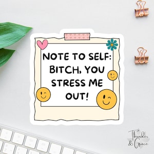 Puede incluir: Una pegatina con el texto "NOTE TO SELF: BITCH, YOU STRESS ME OUT!" en negro. La pegatina tiene un fondo amarillo claro con un corazón rosa, una flor azul y tres emoticonos amarillos.