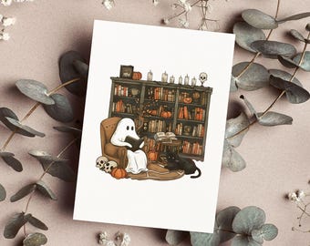 Biglietto di auguri o stampa per Halloween a tema "Angolo lettura con fantasmi"